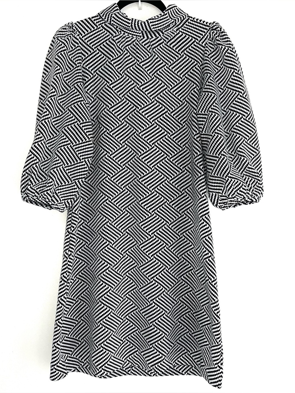Vicky Dress by Tyler Boe Herringbone Squares Dress Puff Sleeves Blk/Wht EUC SM